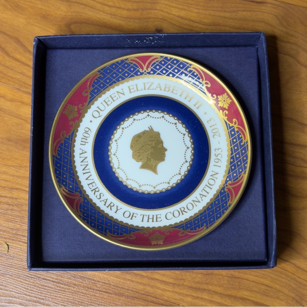 Royal Worcester Blue Gold Commemorative Plate 60th Anniversary Coronation Queen
